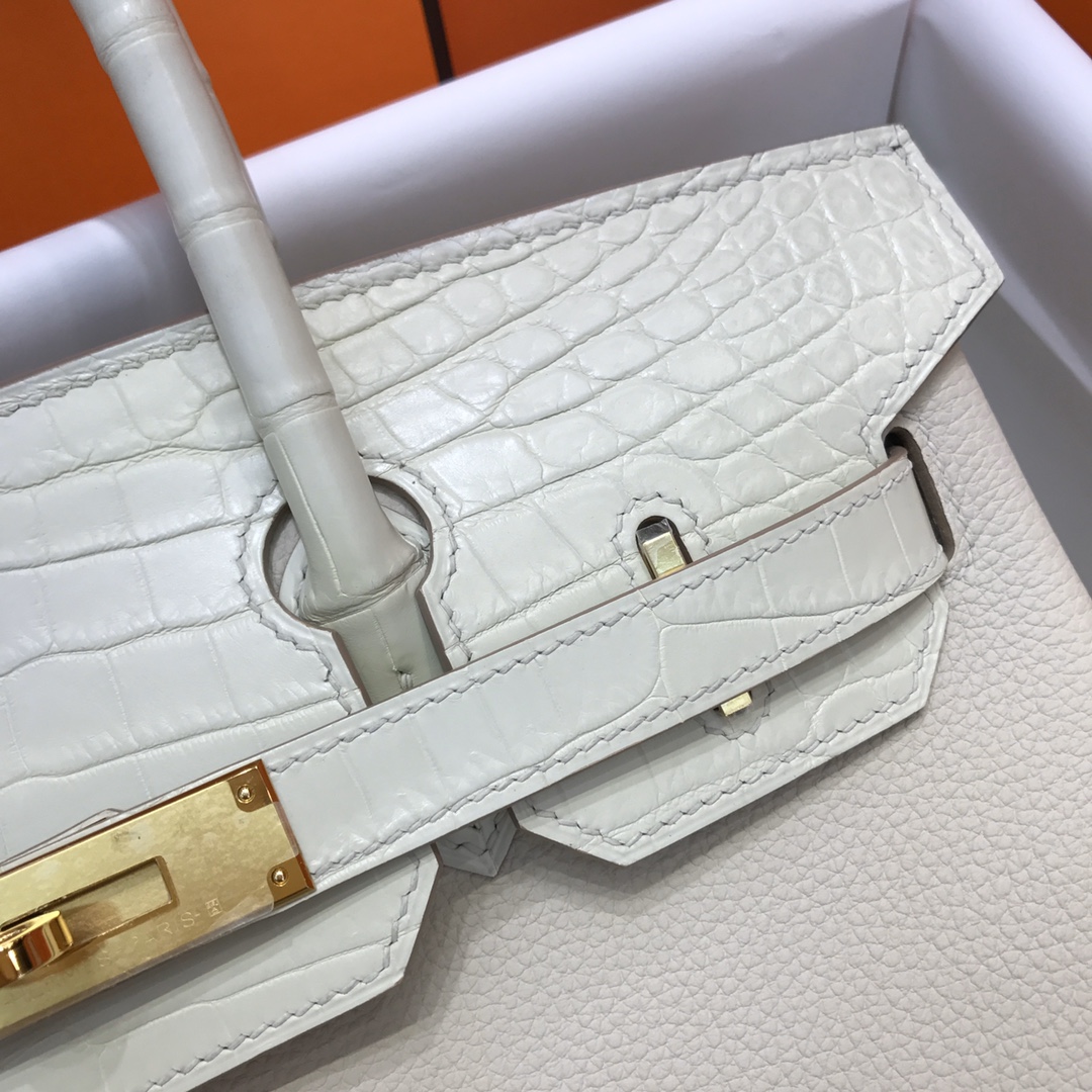 Hermes Touch Birkin 30CM Handbag In White Clemence and Matte Alligator Crocodile Skin